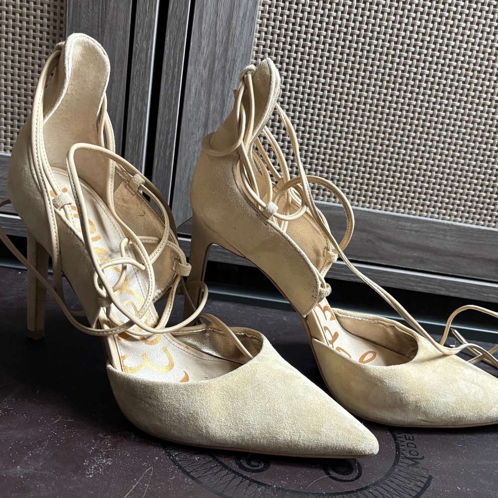beige lace up heels